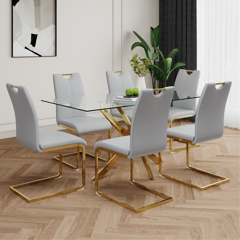 Ambernique 18.5'' H Faux Leather Upholstered Metal Side Chair, Gold, 2, Gray