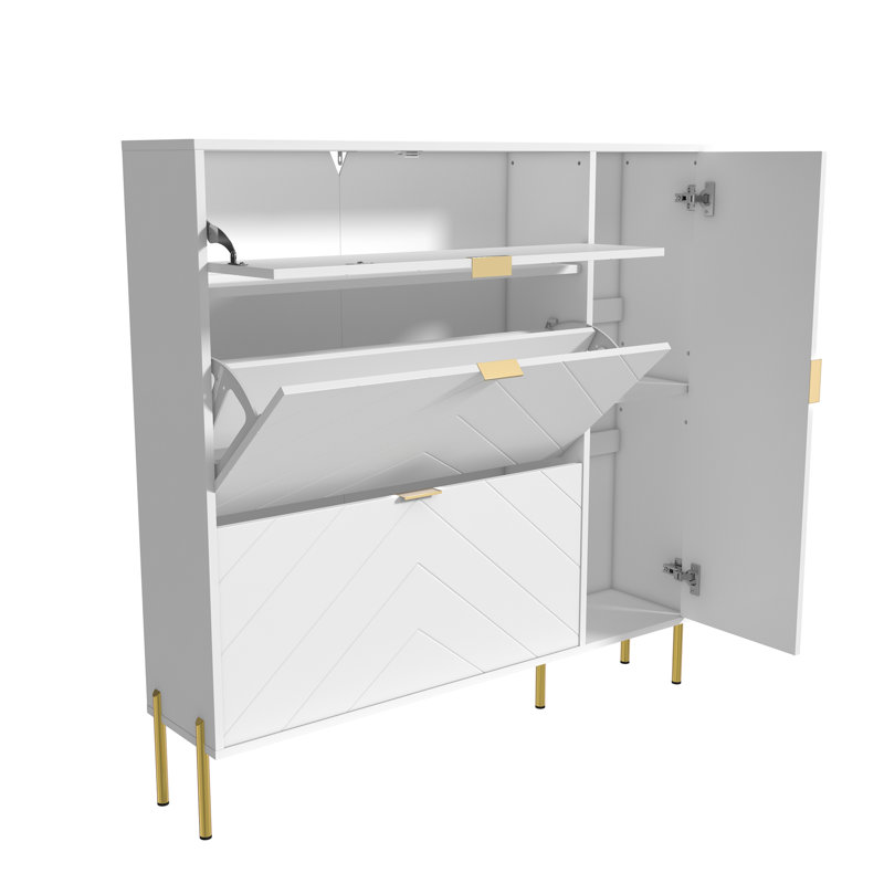 MDF Shoe Storage Cabinet with Flip-up Drawers and Shelves, White
