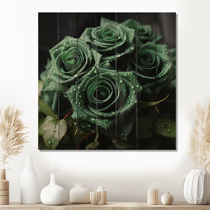 Fleurs vertes réalistes - Roses, art sur bois de pin naturel, H 15 po x l 15 po