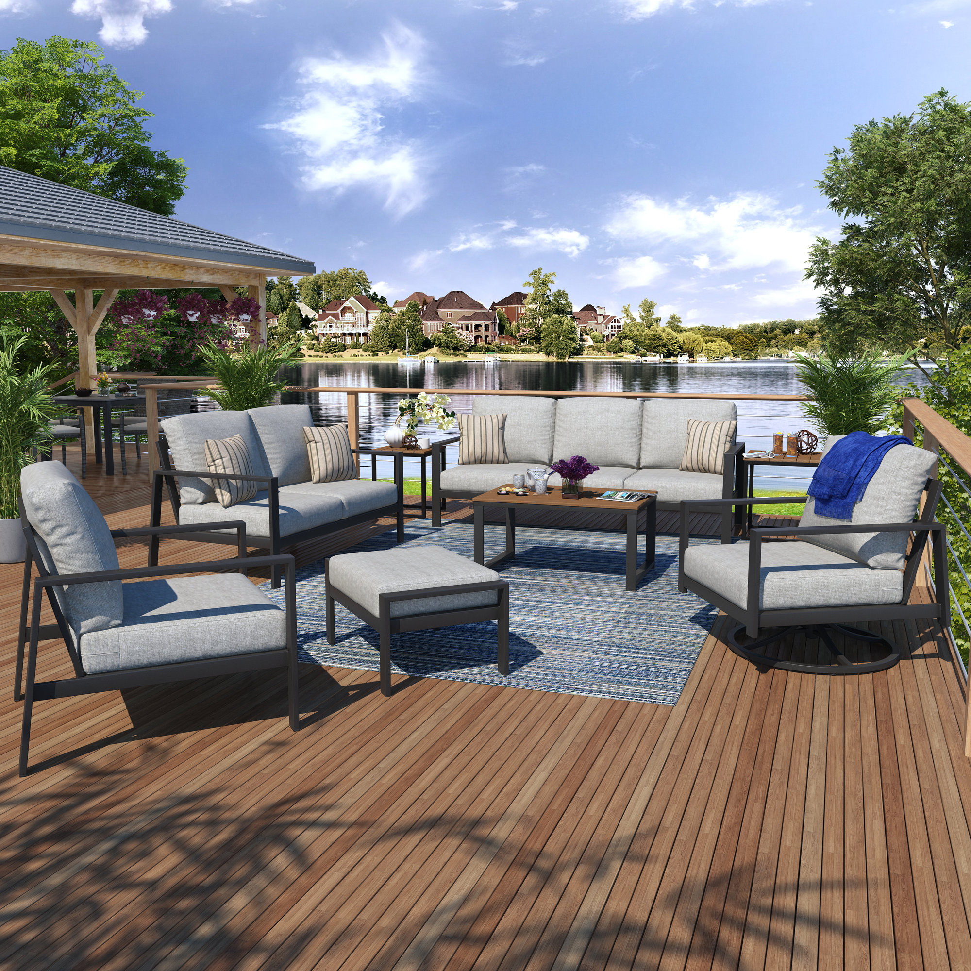 Townsend 7 Piece Sofa Seating Group with Sunbrella Cushions, Mahogany, Canvas Granite Sunbrella® Canvas