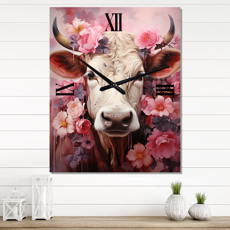 Romantisme, portrait de vache rose - horloge en métal, Moyen