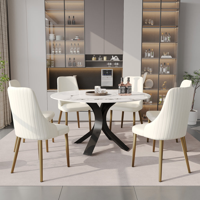 Modern Round Sintered Stone Dining Table, 29.53"H x 53.15"L x 53.15"W, Ink, Black