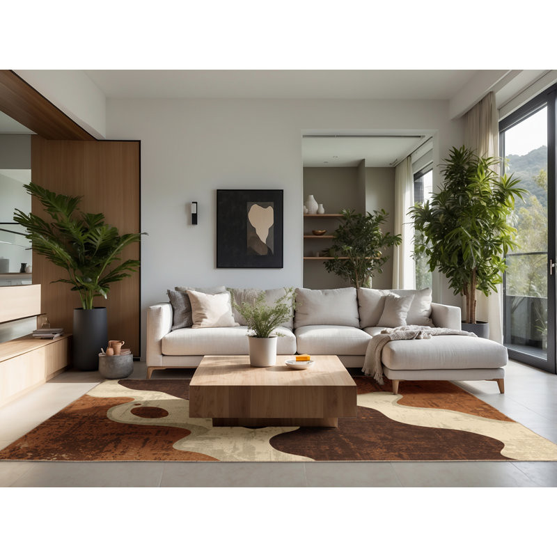 Tapis beige moelleux moelleux au look rustique de style rétro Narberth, Carré 7 pi