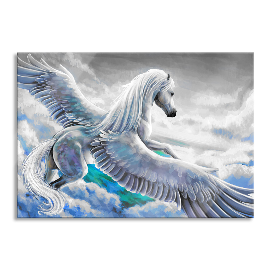 Glasbild Pegasus Fliegt Über Den Wolken