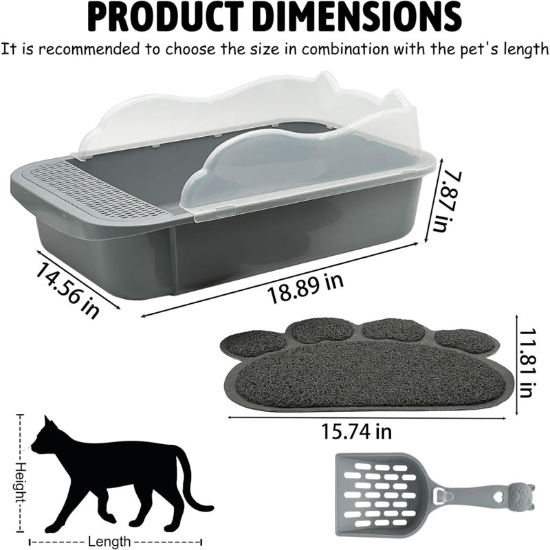 Couvercle de litière pour chat avec bac à litière à couvercle ouvert, avec couvercle antidérapant et tapis pour petits chats, chaton (gris)