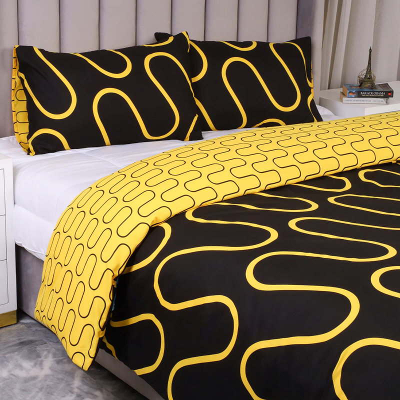 Geometric Design Modern Duvet Cover Set  With Pillow Cases, Ochre/Black, Double Duvet Cover Set + 2 Standard Pillowcases