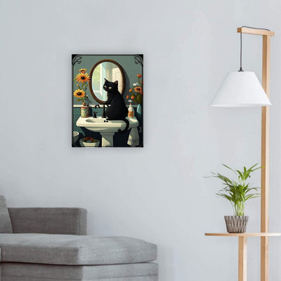 Bathroom Black Cat Premium Canvas Wall Art Home Decor 24 X 18 Inch