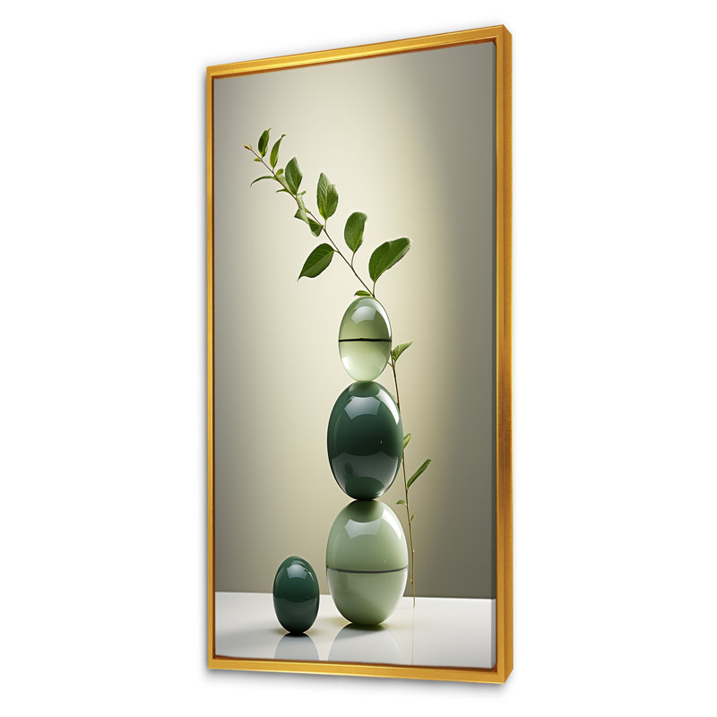 Pierre spirituelle verte zen 1 - Art mural en pierre spirituelle, H 60 po x l 28 po x P 1,5 po, Cadre flottant doré