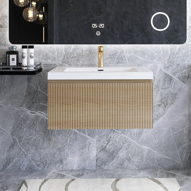 Meuble-lavabo mural moderne à rayures avec lavabo et tiroir à fermeture en douceur, 30"