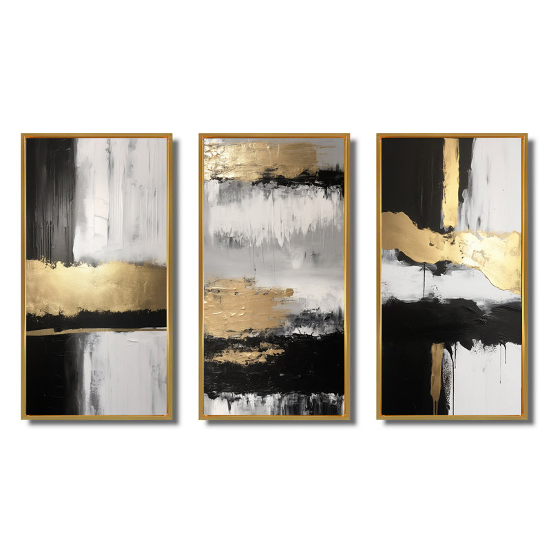 Horizontal Gold Black Dimensions Wall Art, 3-Piece Canvas Set - Horizontal Dimensions Abstract Gold Black III, 40" H x 60" W