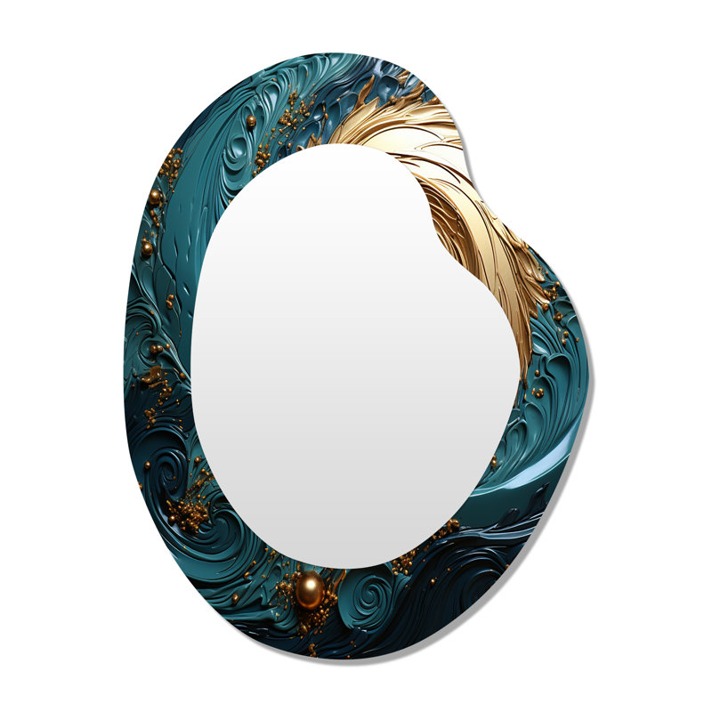 Teal Majestic Motion I - Miroir mural de forme irrégulière à spirale abstraite, miroir décoratif asymétrique bleu, impression sur métal