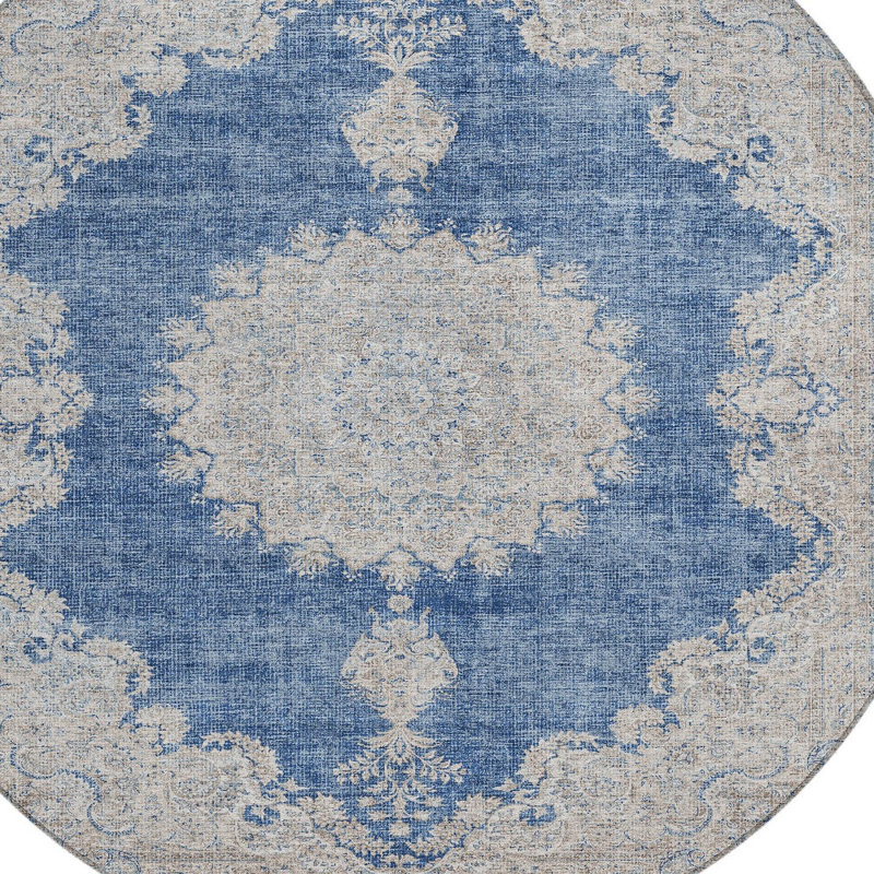 Tapis d'intérieur rond lavable oriental bleu marine et ivoire HomeRoots 8 pi