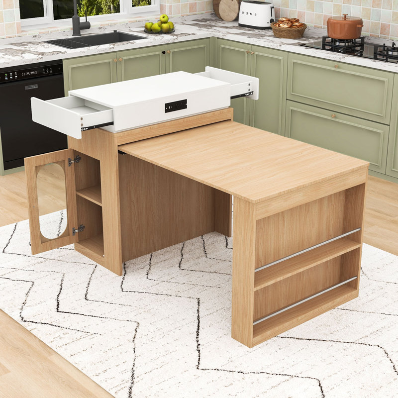 Îlot de cuisine multifonctionnel avec roulettes, rangement caché et station de charge intégrée, Naturel