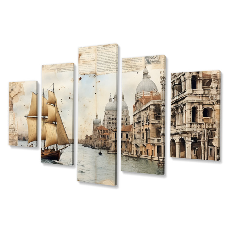 «Venice Nostalgia Vintage Journal Collage» - décoration murale Venise - 5 panneaux