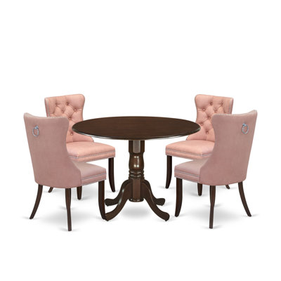 5 Piece Dining Room Set Consists of a Round Kitchen Table with Dropleaf and 4 Padded Chairs, Antique Walnut