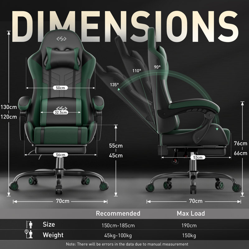Adjustable Gaming Chair with Massage Lumbar Support, Swiveling PC & Racing Game Chair with Footrest & Headrest, Ergonomic PU Leather Computer Chair for Adults & Teens,Black and Green