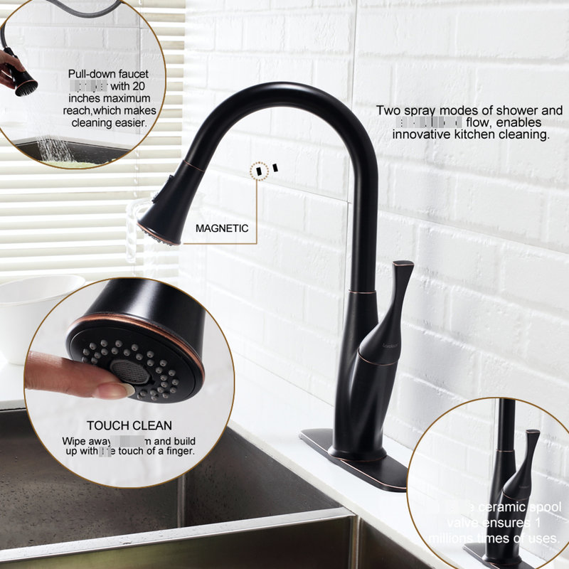 Robinet de cuisine escamotable, bronze huilé, esthétique moderne, repousse les empreintes digitales, poignée simple réglable, bec pivotant à 360 degrés, double jet, évier ou comptoir bronze profilé