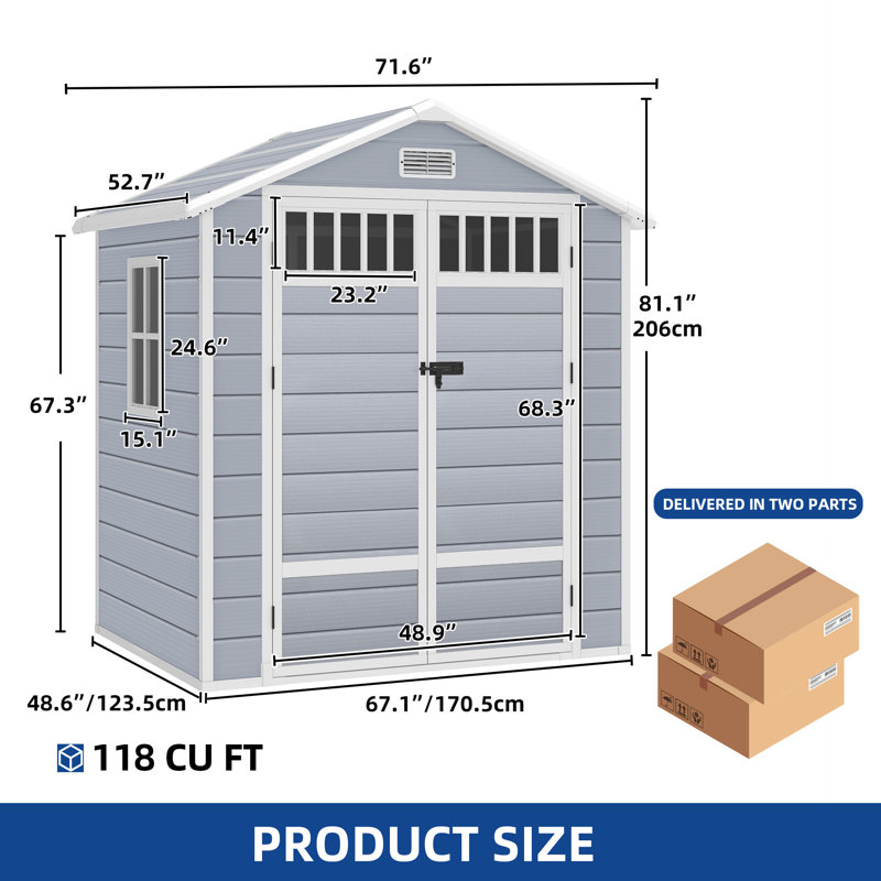 Edrosie Inc 6 X 4.4 Ft 118 Cuft  Resin Outdoor Storage Shed With Fence‑Style Design & Side Windows, Gray