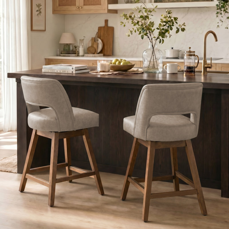 Tabouret de bar pivotant en similicuir Bisto, Finition noyer, Similicuir taupe