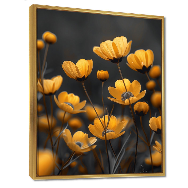 Reproduction d'art jaune jaune noir Golden Hour Glow Buttercups I - Bouton d'or, Toile avec cadre flottant or