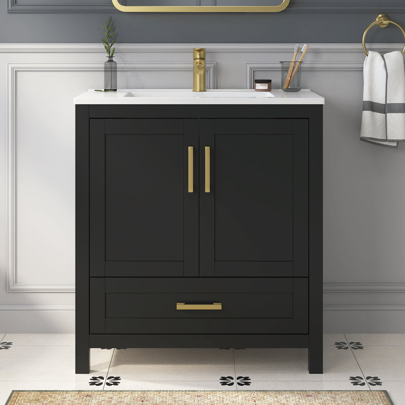 Korde Freestanding Single Bathroom Vanity With Solid Surface Composite Top, Black, 31"