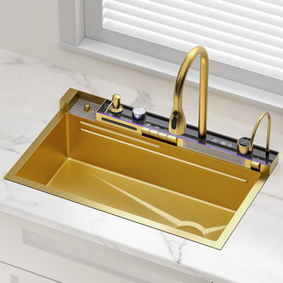 31.5 X 17.7 Inch Gold Single Bowl Drop-In Kitchen Sink With Multifunctional Top Loading Flying Rain Pull-Out Faucet And Pull-Down Sprayer
