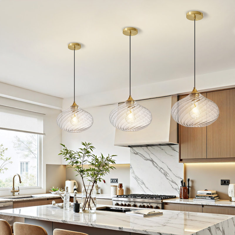 1 - Light Gold Kitchen Island Single Pendant Light With 11in Striped Clear Glass Shade, Clear