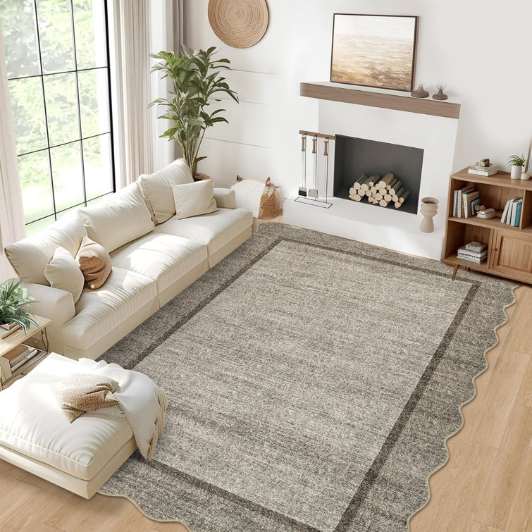 Scalloped Machine Washable Rug Non-Slip Bordered Floor Mats Non-Shedding Soft Low Pile Modern Accent Rugs for Living Room Bedroom Office