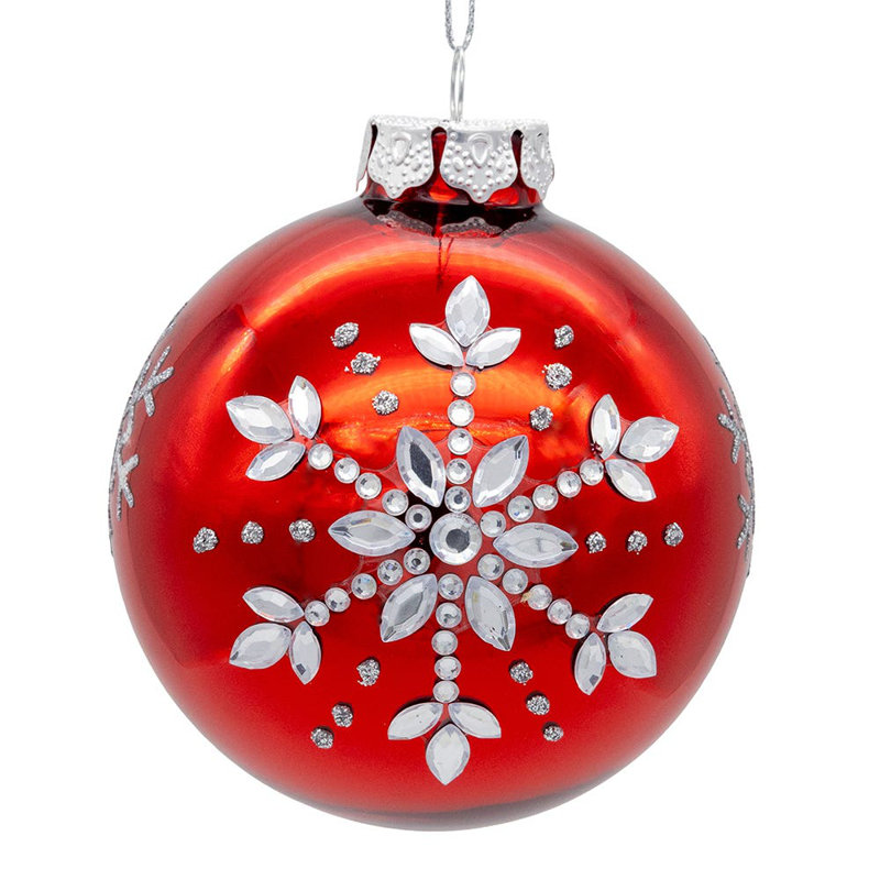80MM Shiny Red Glass Ornaments with Silver Snowflakes, Set of 6
