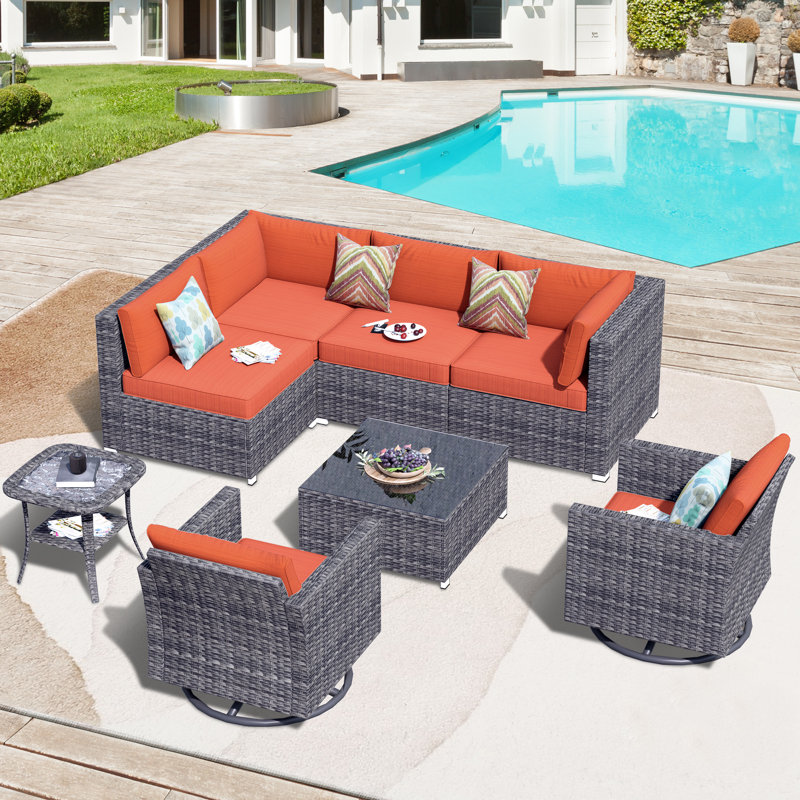 Ensemble de conversation modulaire avec coussins 8 pièces Guylene, Orange
