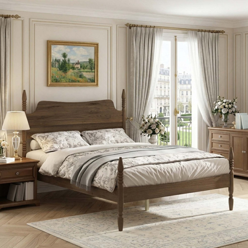Cadre de lit plateforme à quatre colonnes rétro avec tête de lit courbée, aucun sommier nécessaire, Queen