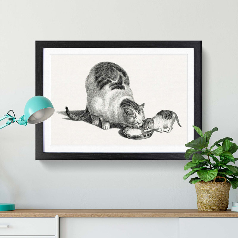 Cat & Kitten Drinking by Gottfried Mind - Picture Frame Graphic Art Print, Black Framed, 36cm H x 48cm W x 2cm D