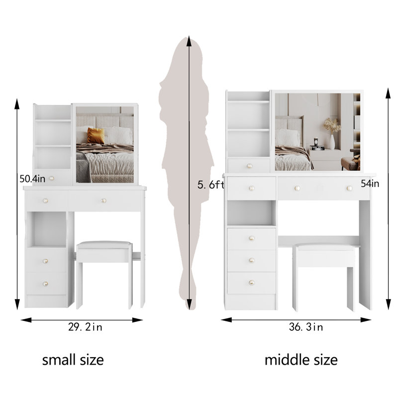 Table de coiffeuse compacte avec grand miroir coulissant, rangement multicouche et tabouret rembourré pour les petits espaces