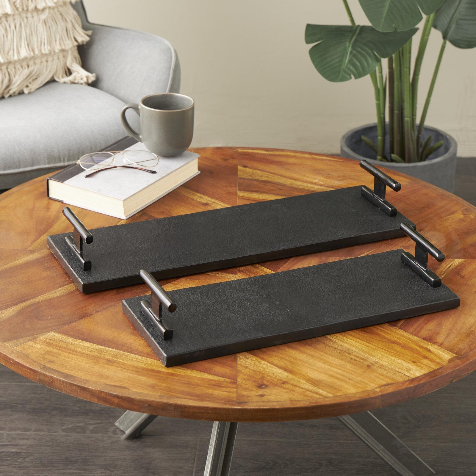 Aedic Mable Tray - Set of 2, 3.25"Hx7.15"Wx22.15"D & 3.25"Hx6.9"Wx18.15"D , Black