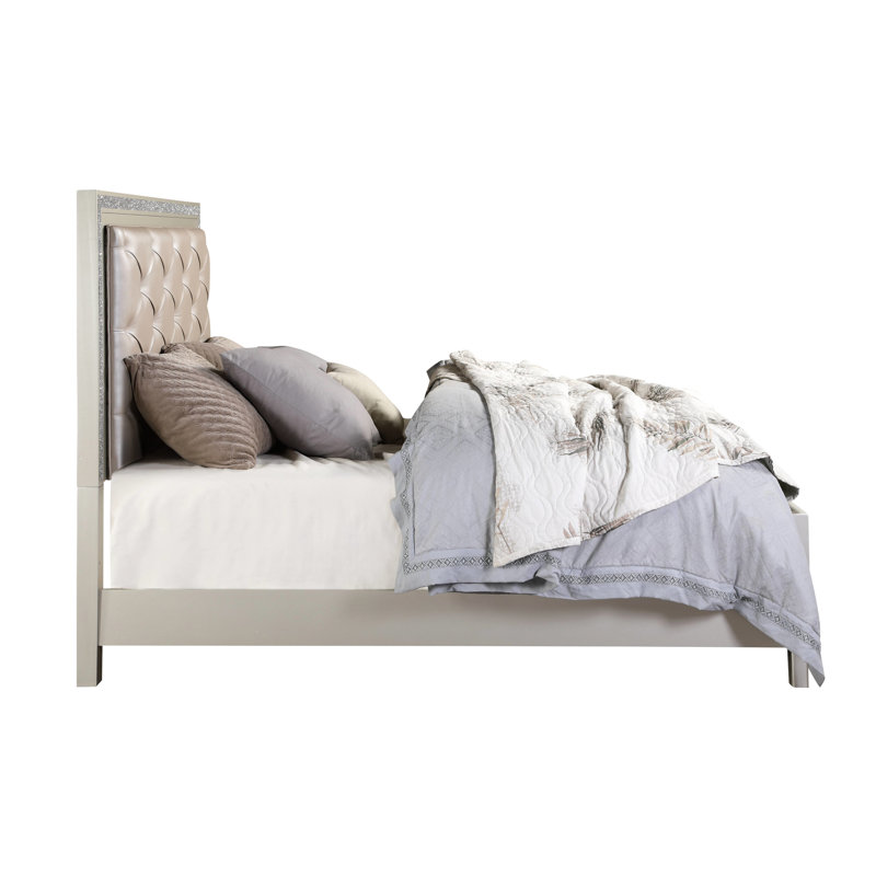Lit champagne avec rangement Champagne - cuir, poids de tiroir de 20 lb, capacité de 660 lb de DEL et de finition, support synthétique, tiroirs spacieux