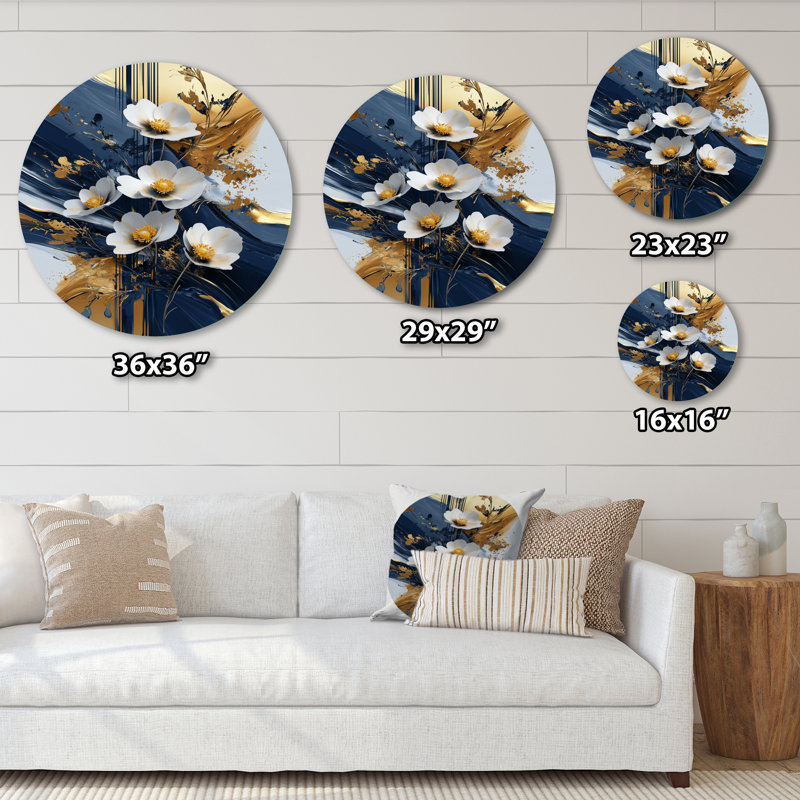 Golden Graceful Buttercups II - Buttercups, décoration murale ronde en métal, impression traditionnelle en métal doré