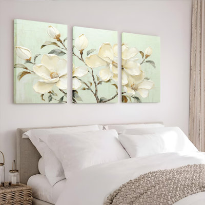 Magnolia Floral Canvas Wrapped Wall Art, Oil Painting Print (Set of 3)
