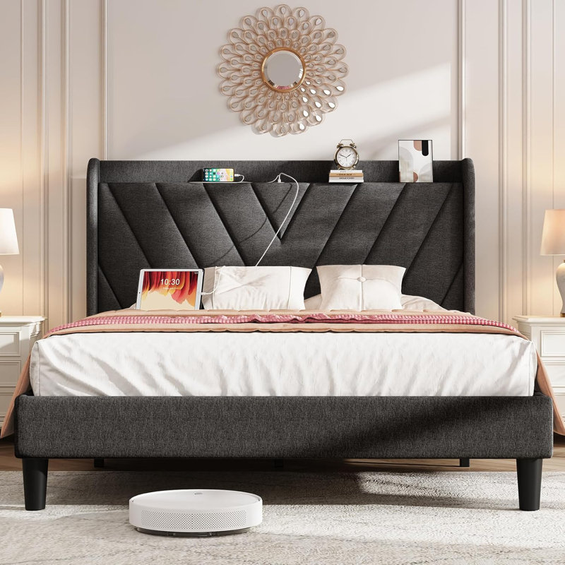 Tufted Velvet Upholstered Bed with Charging Station & Storage Shelf (Dark Gray, Full Size), Full, Dark Gray