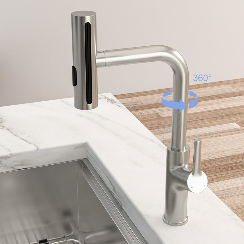 360 Pull - Down Kitchen Faucet In Brushed Nickel, 4 Spray Choices For Various Tasks, Splash Feature, Smooth Running Ceramic Cartridge, Full Installation Package, Contemporary Style Nickel Featuring