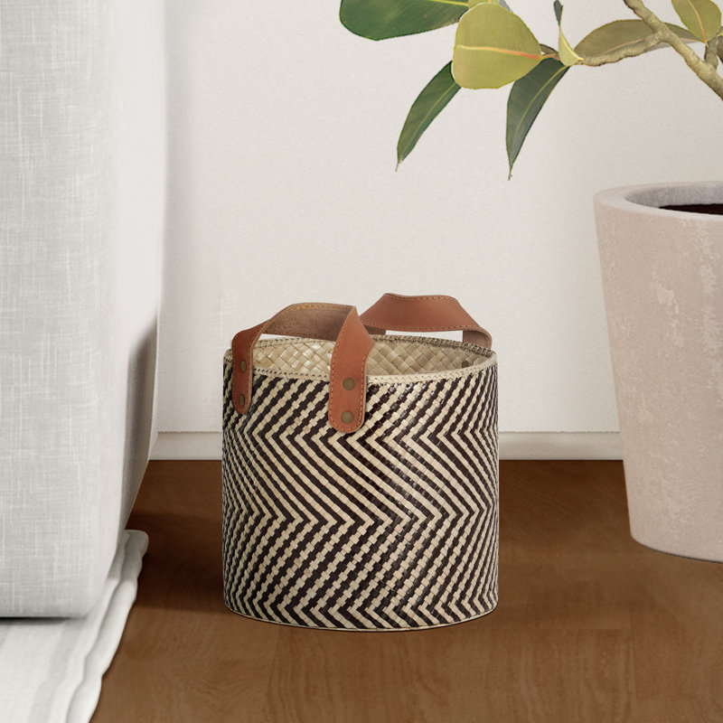 Laityn Pandan Chevron Storage Baskets with Leather Handle (Set of 2)