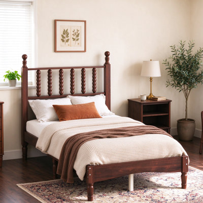 Tretro Twin Wood Platform Bed with Gourd-Shaped Headboard, Walnut, No Box Spring Needed