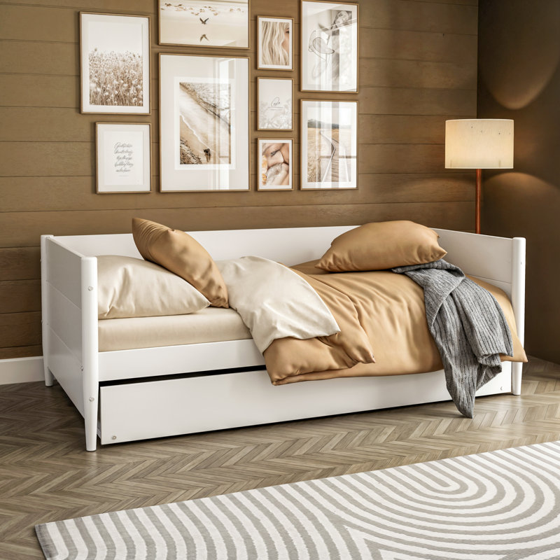 Lit de jour simple en bois massif avec couchette Camello, Blanc