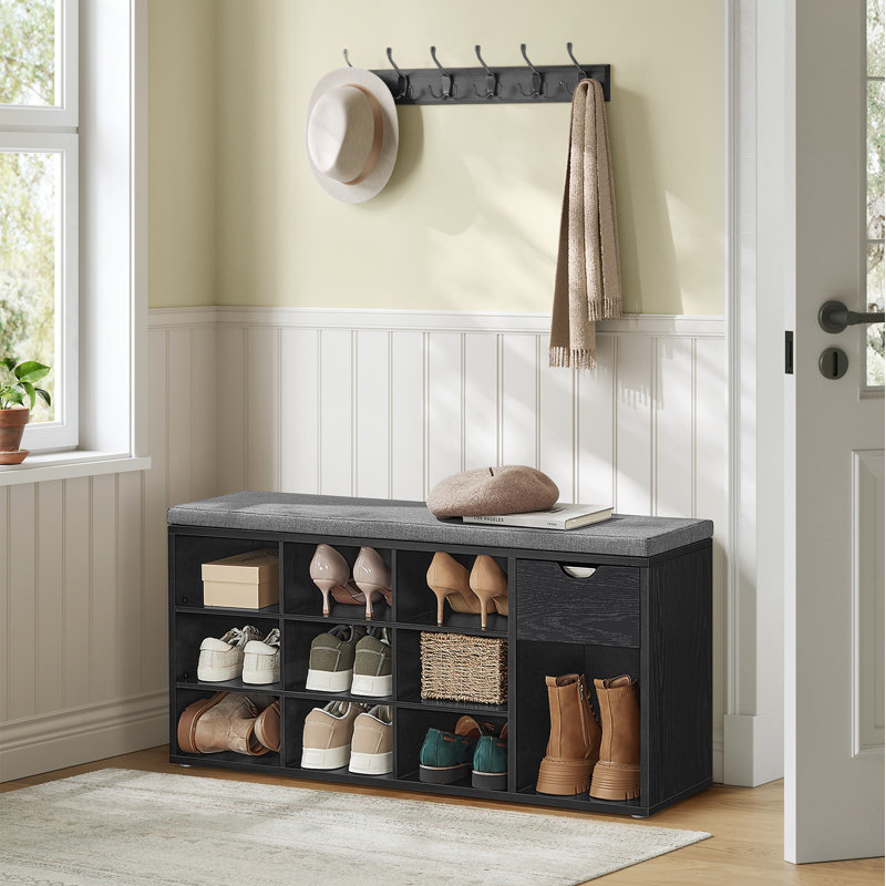 10 Pair Shoe Storage Bench With Drawer, Ebony Black/Slate Gray