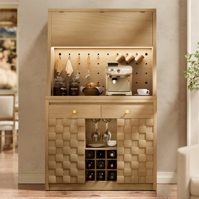 71" Fluted Kitchen Pantry Cabinet With Charging Station, LED Light, Pegboard, Drawers,Hutch