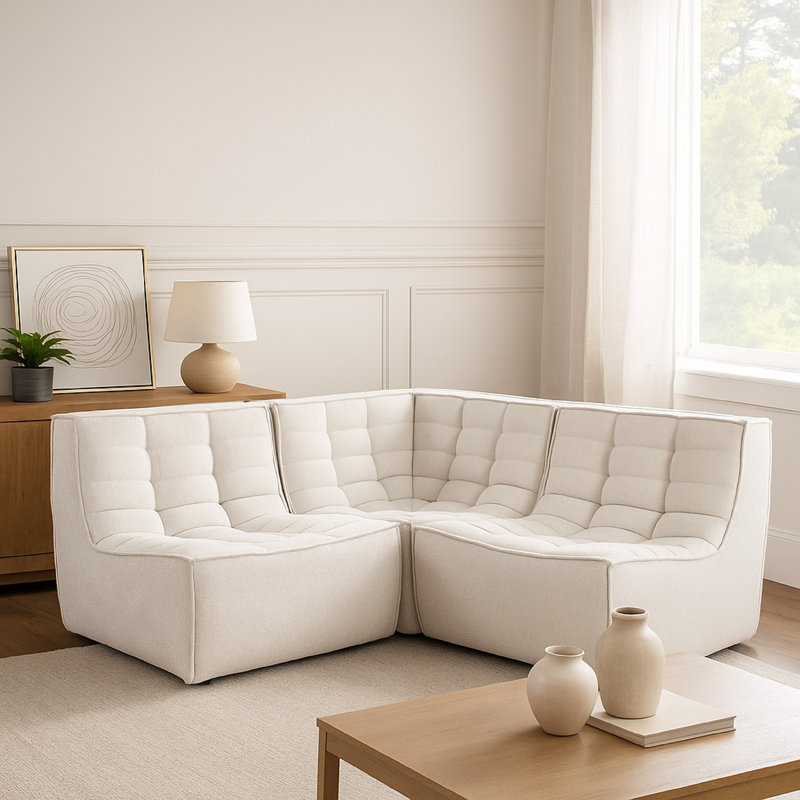 Canapé modulaire de coin modulaire 3 pièces Ema, Tissu beige sable, H 30 po x l 100 po x P 106 po