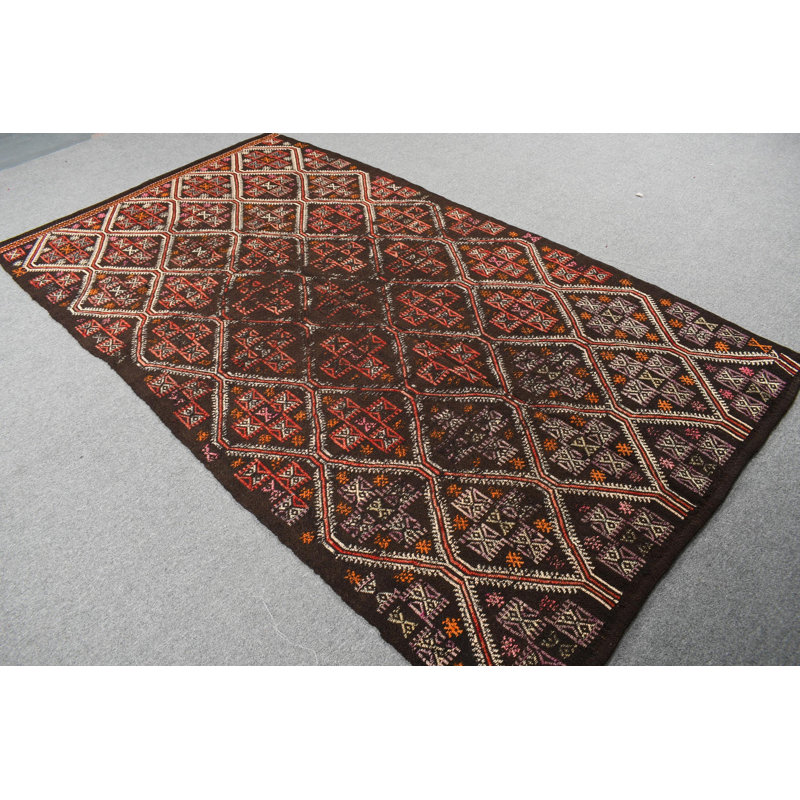 Grand tapis kilim turc rétro avec franges Oushak idéal pour les salons - couleur brune brodée