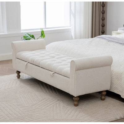 (Beige) Banc de jour rembourré avec rangement et accoudoirs roulés à double couvercle et pieds en bois d'hévéa pour le salon
