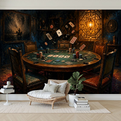 Papier peint adhésif auto-adhésif moderne pour la chambre - avec table de poker rétro, jetons de cartes à jouer flottants, reproduction de peinture à l'huile