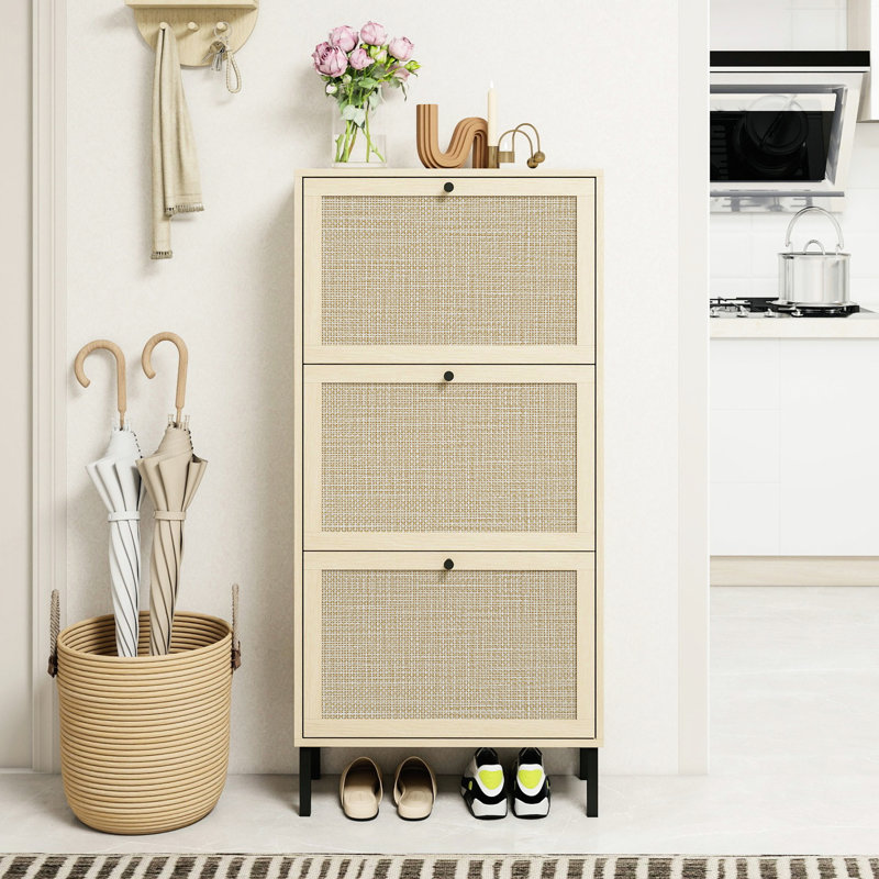Modern 3-Door Shoe Rack, Freestanding Storage For Entryway, 44Lb Load Capacity, Engineered , -Proof, Sun-, Smooth Finish, 2 Compartments Each Layer, Black Handle, Matte Textured Metal Base, Slip