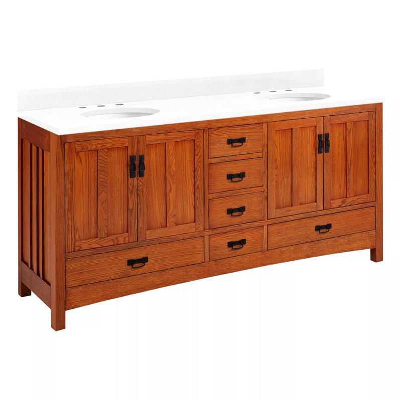 72" Maybeck Double Vanity - Tinted Oak With Undermount Sinks, 8" Widespread, Feathered White Quartz